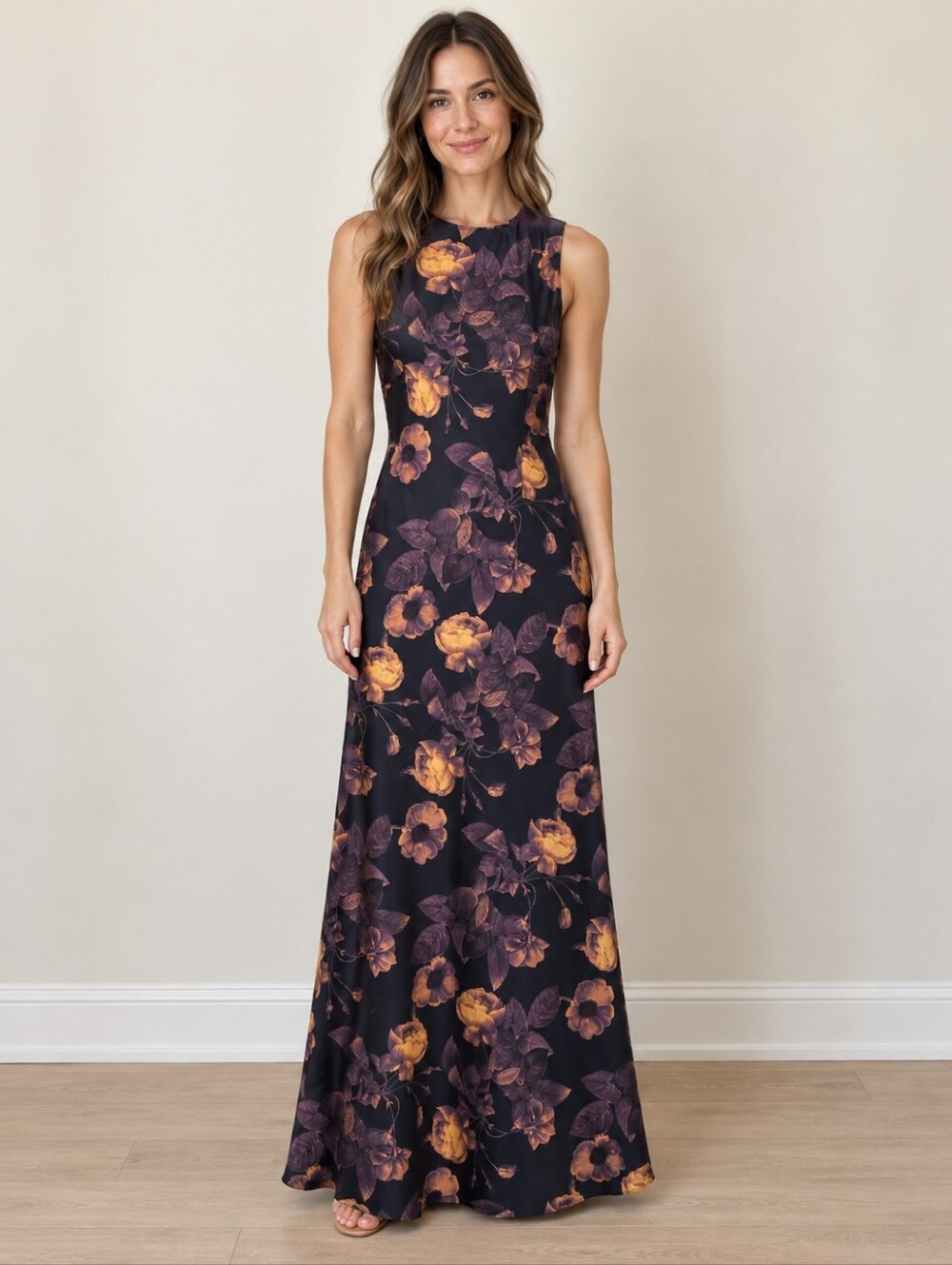 Lost + Wander Black Maxi Dress with Amber Floral Pattern